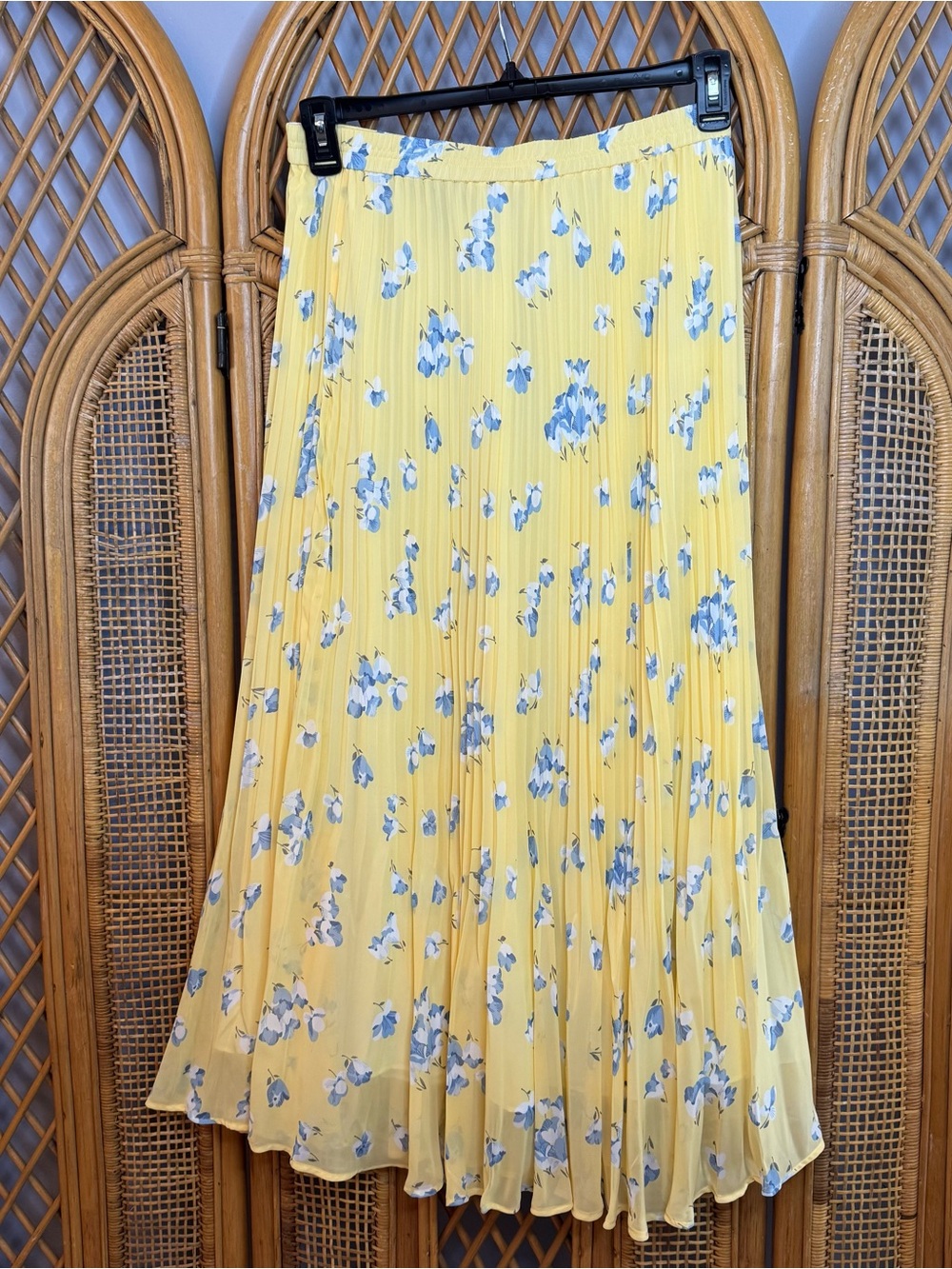 Chaps Yellow Floral Pleated Midi Skirt with Blue Accents